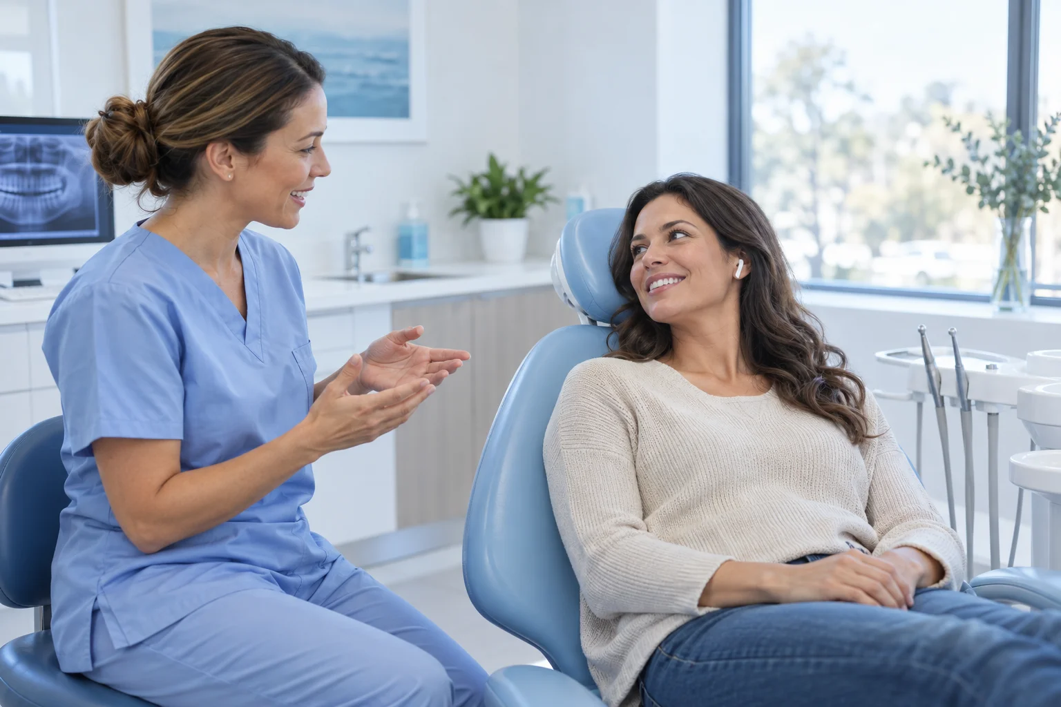 A smiling patient with a discreet earbud in a dental chair.