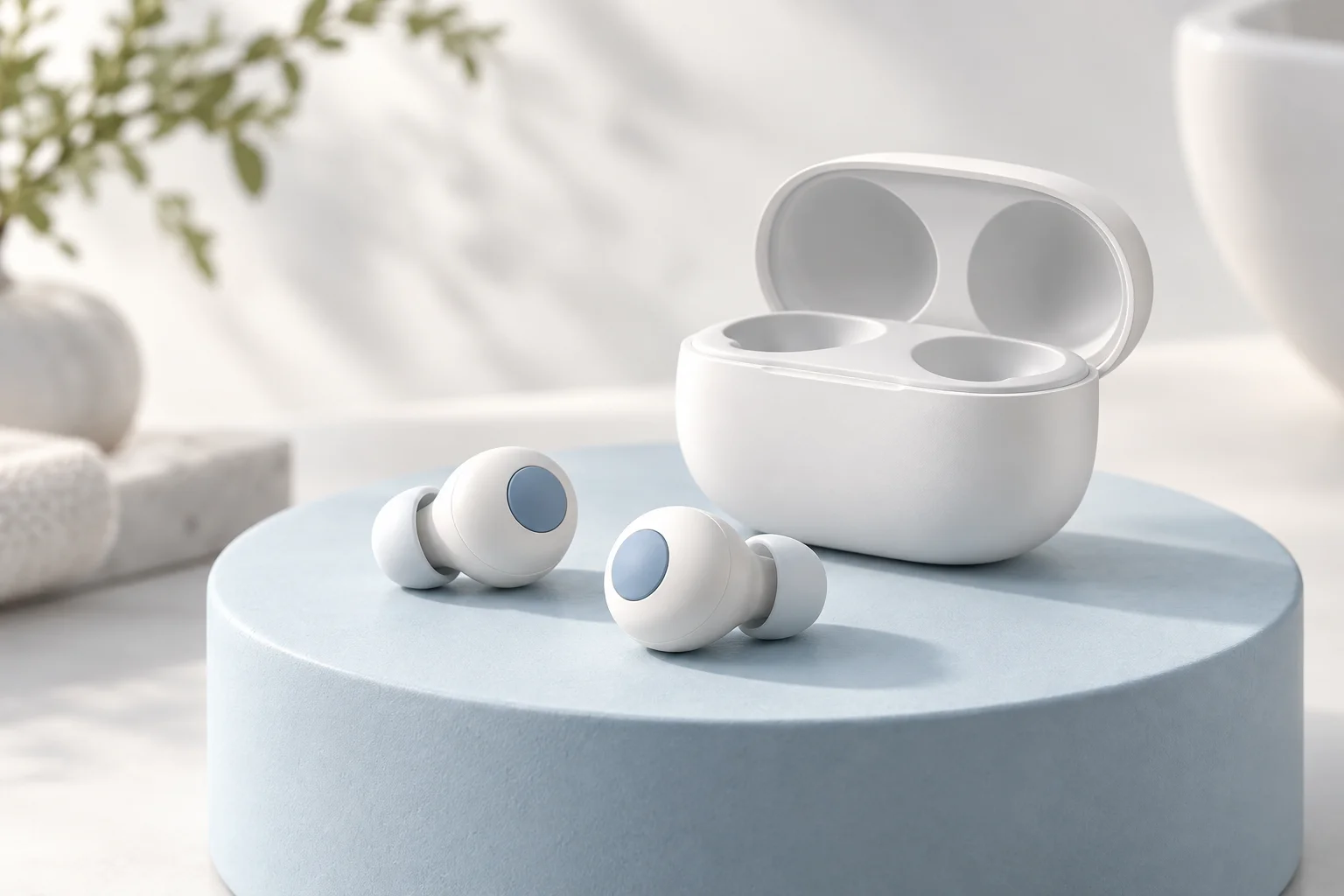 Flowride earbud concept in a soft blue setting.