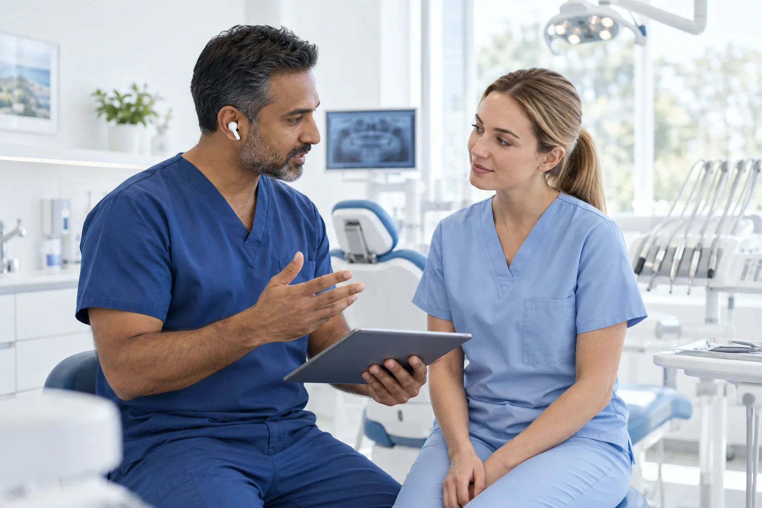 Dentist and hygienist talking in a white and blue dental office.